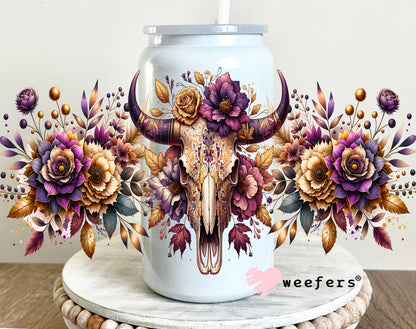 Purple Floral Cow Skull 16oz UV DTF Cup Wrap