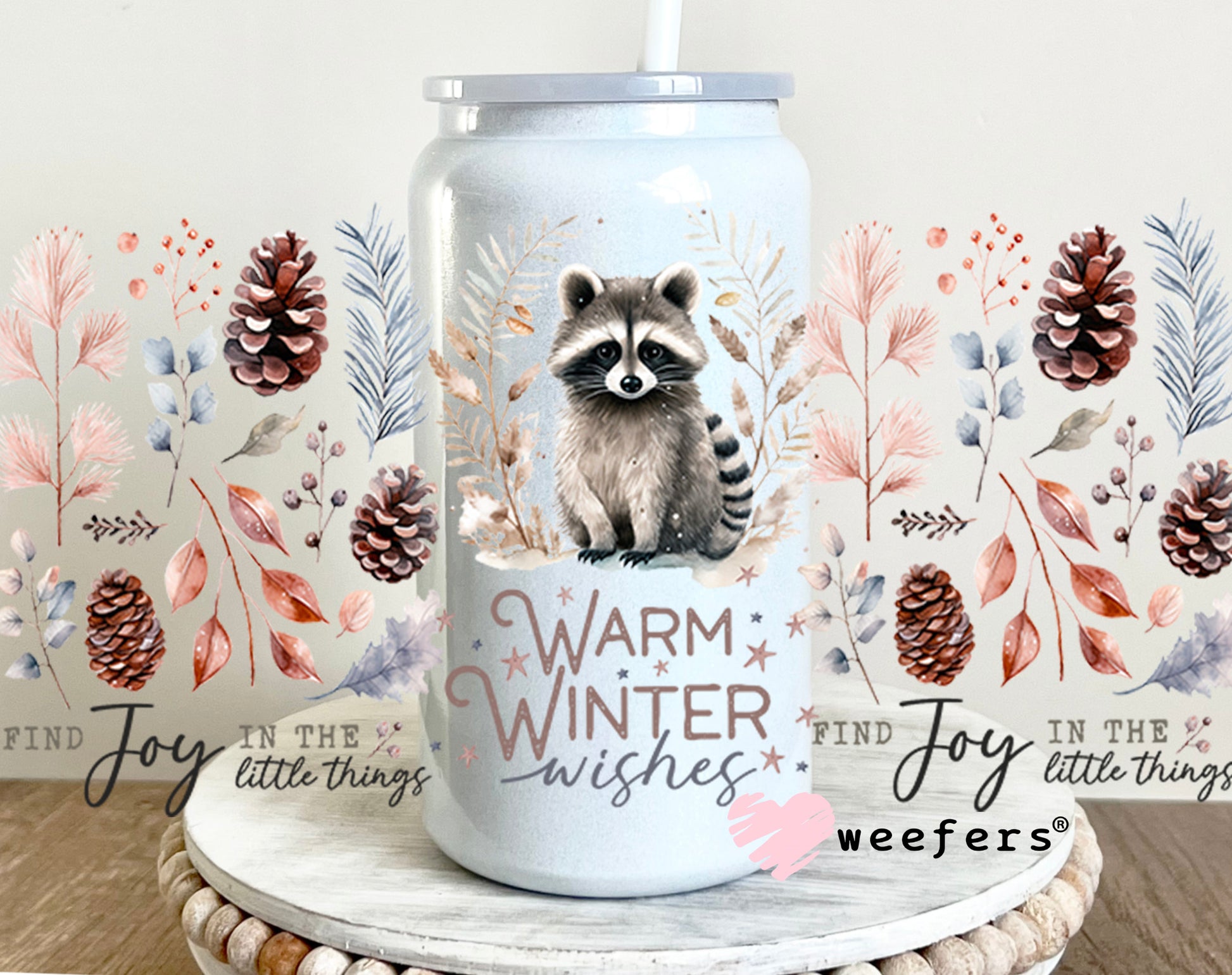 Warm Winter Wishes Christmas Raccoon 16oz UV DTF Cup Wrap