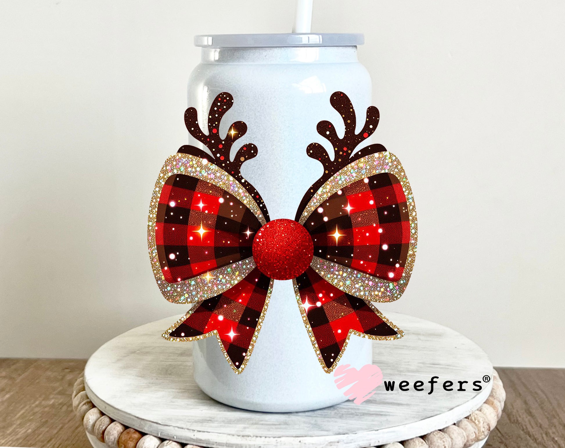 Coquette Reindeer Christmas Bow 16oz UV DTF Decal