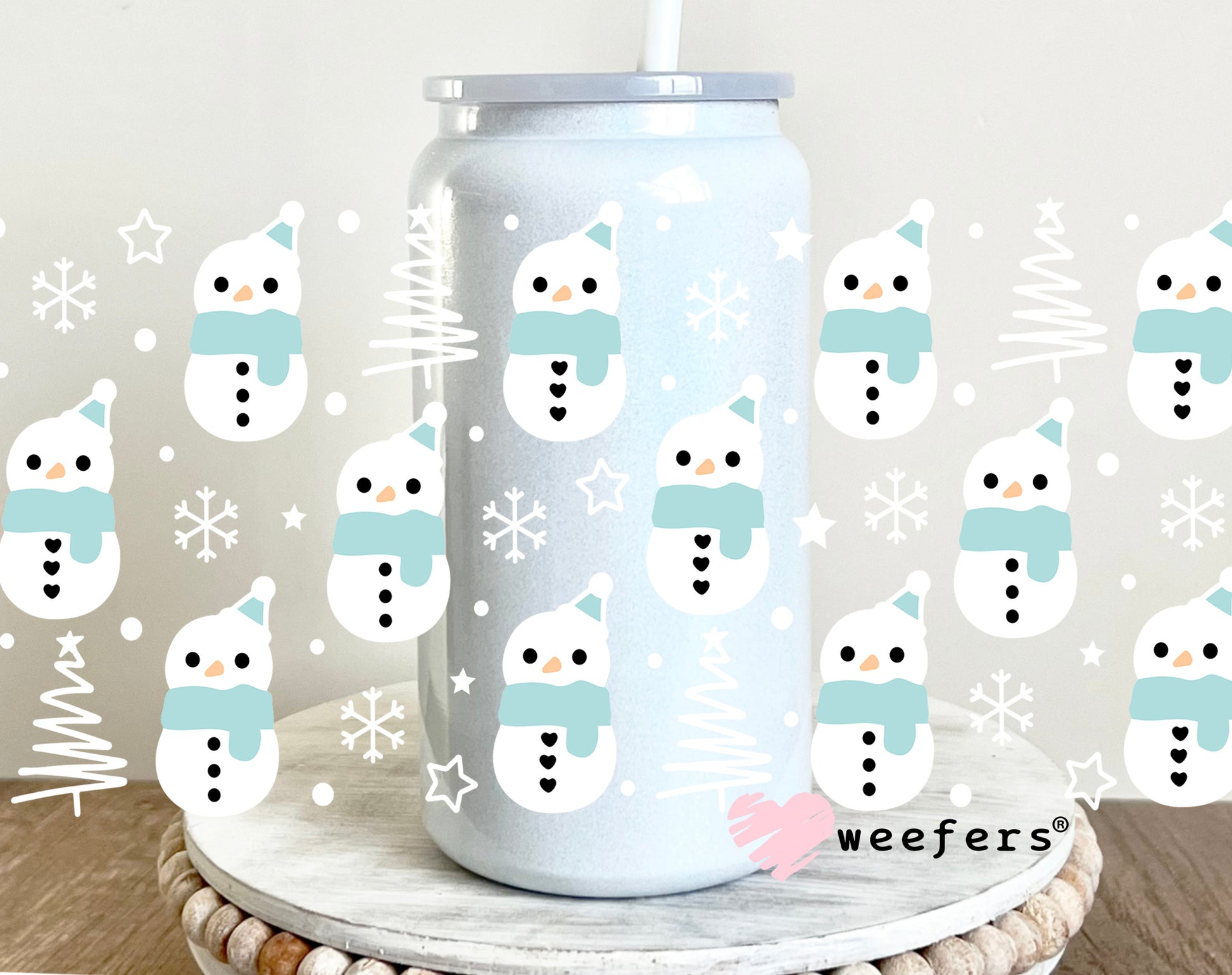 Blue and White Snowmen 16oz UV DTF Cup Wrap