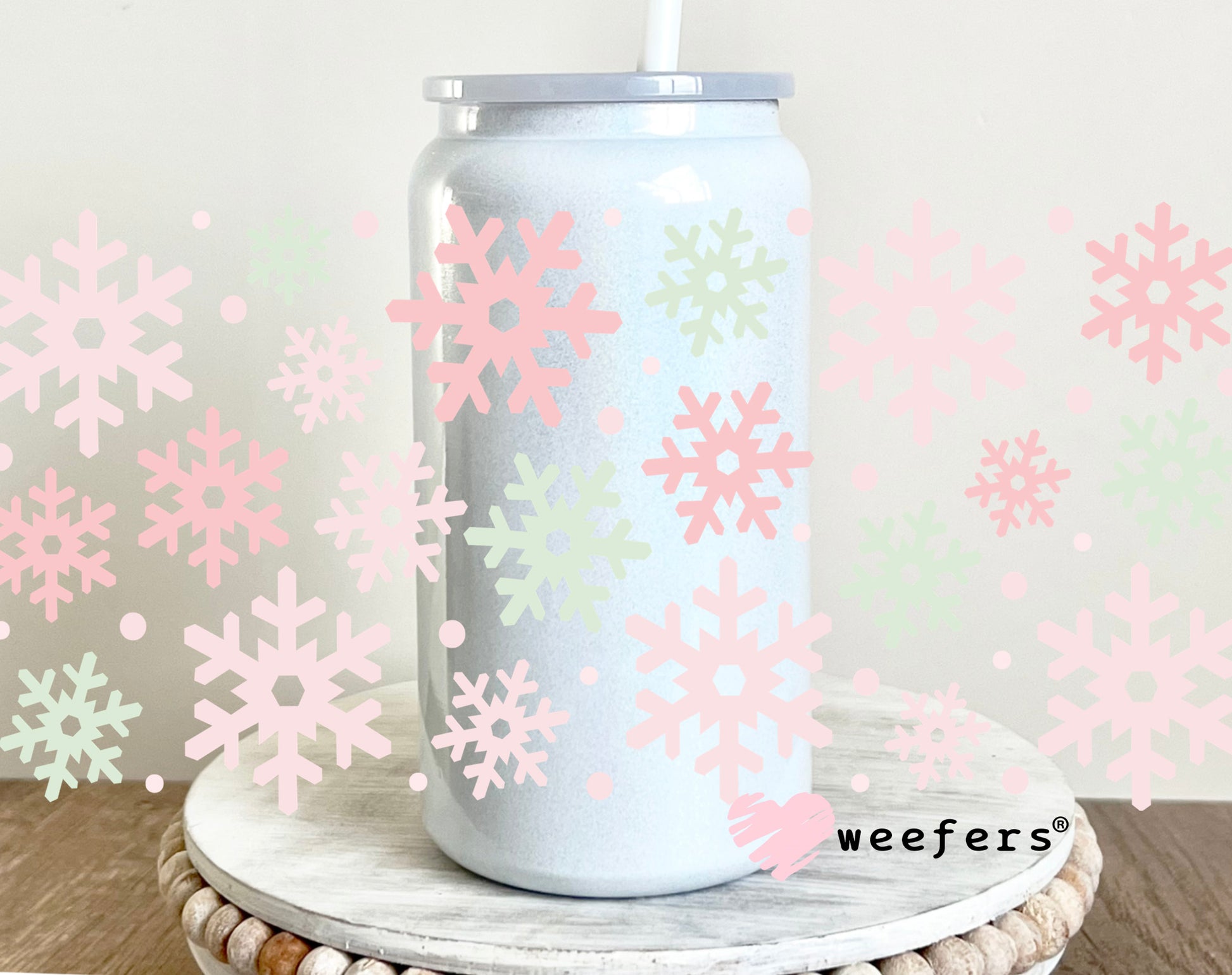 Pastel Green and Pink Snow Flakes 16oz UV DTF Cup Wrap - Weefers