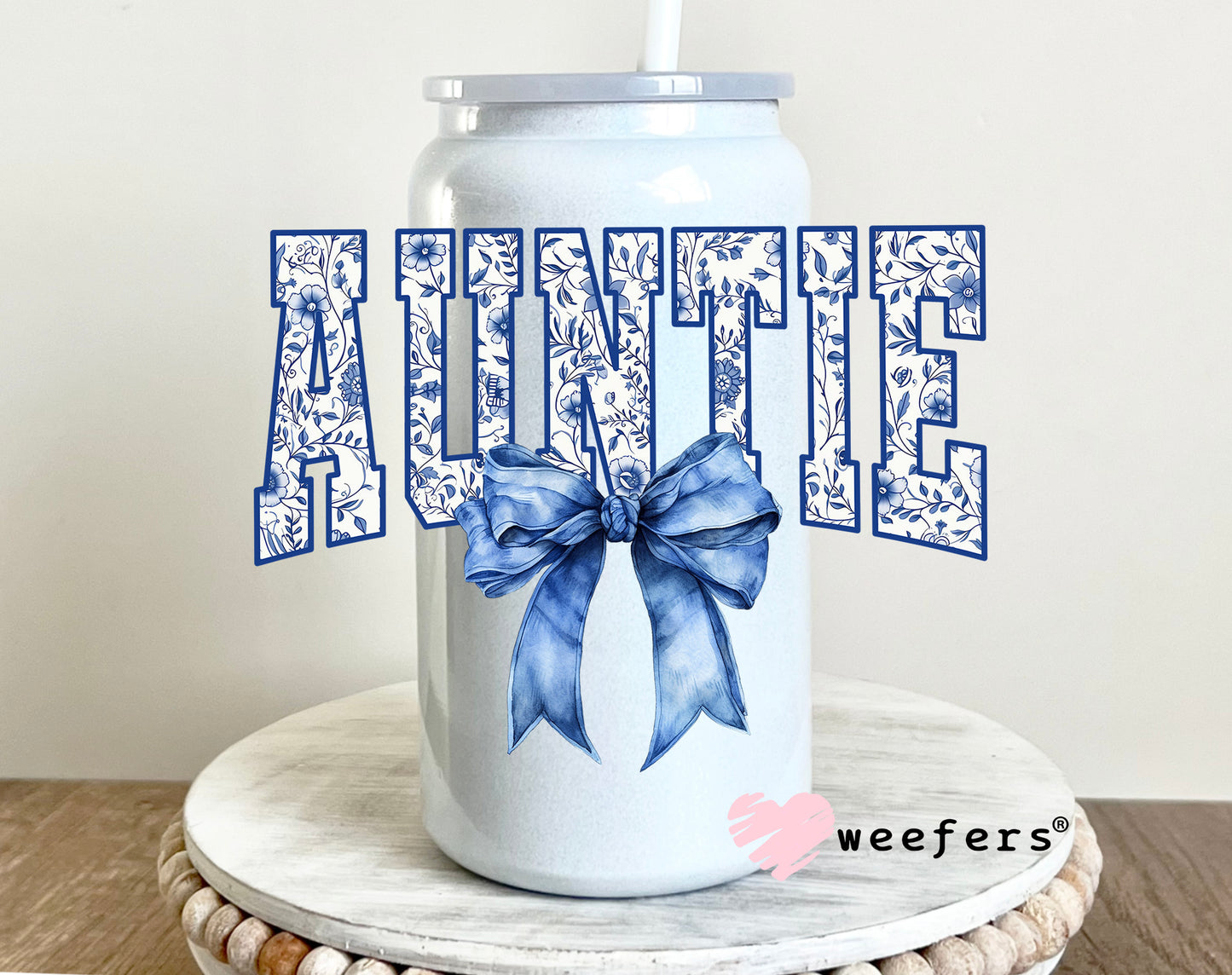 Auntie Blue Toile Bow UV DTF 16oz Decal