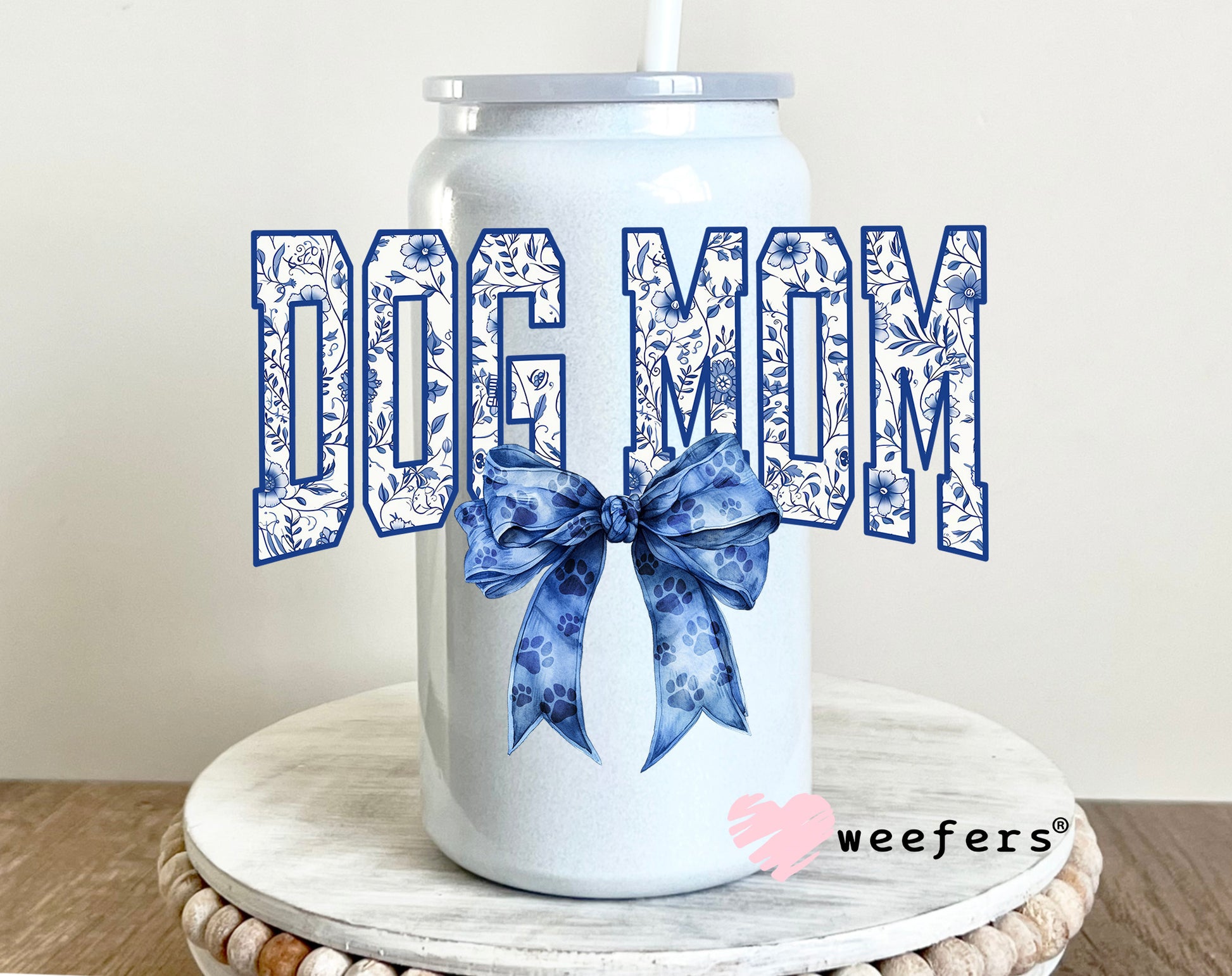 Dog Mom Blue Toile Bow UV DTF 16oz Decal