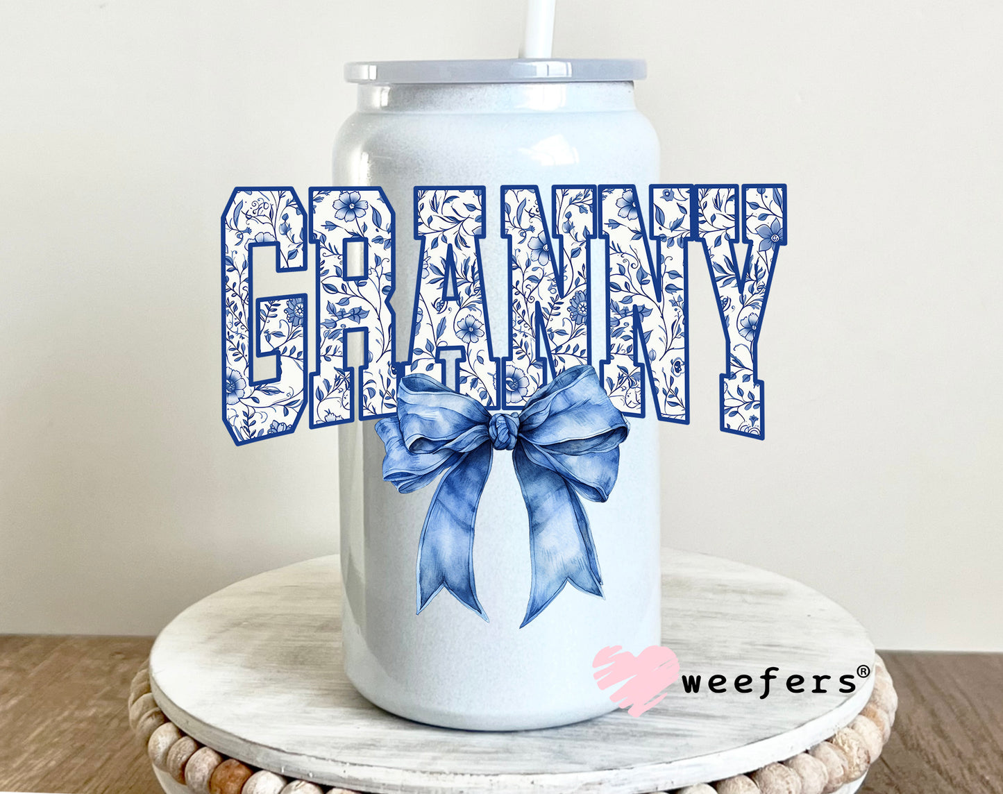 Granny Blue Toile Bow UV DTF 16oz Decal