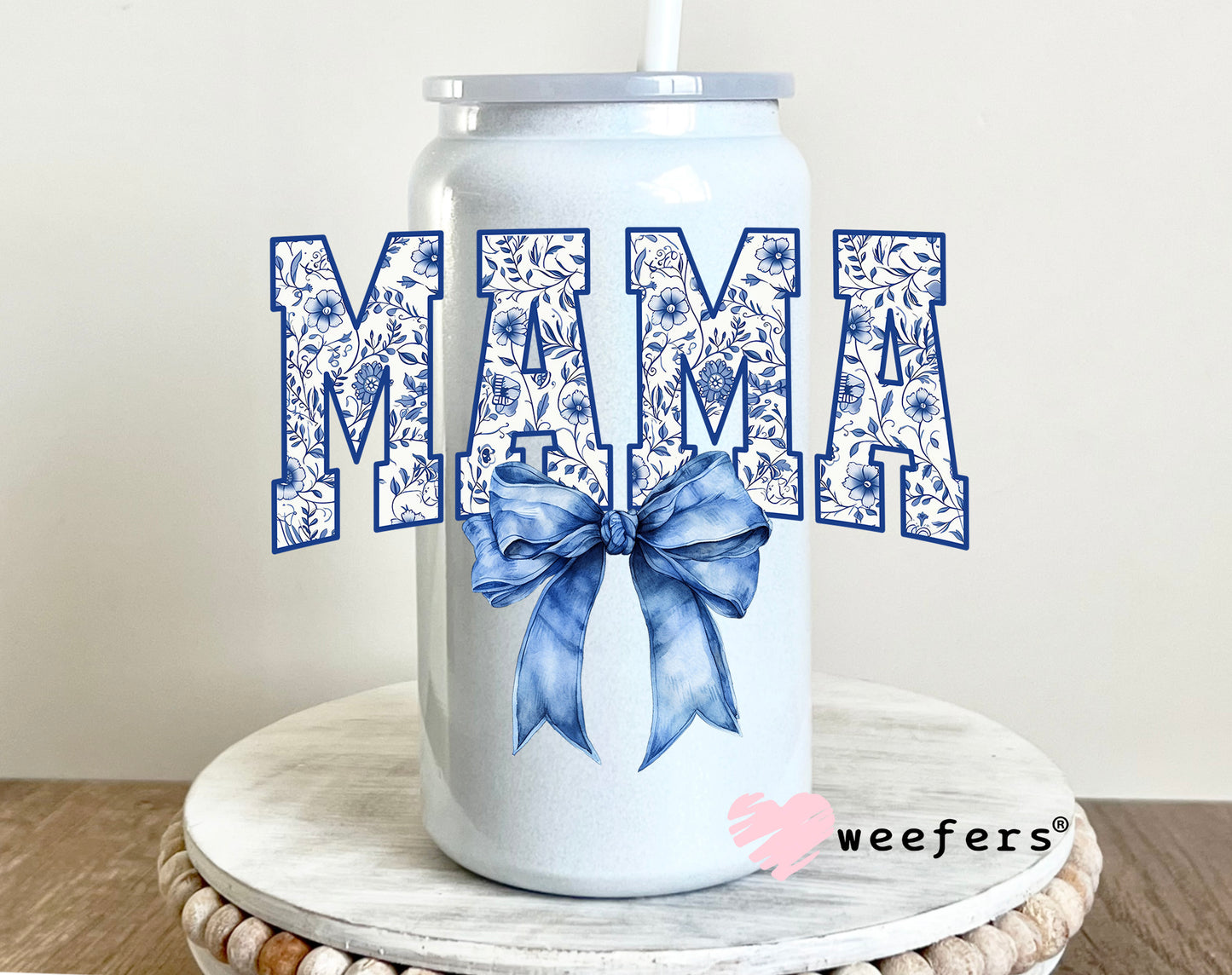 Mama Blue Toile Bow UV DTF 16oz Decal