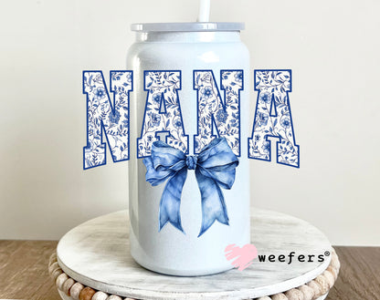 Nana Blue Toile Bow UV DTF 16oz Decal