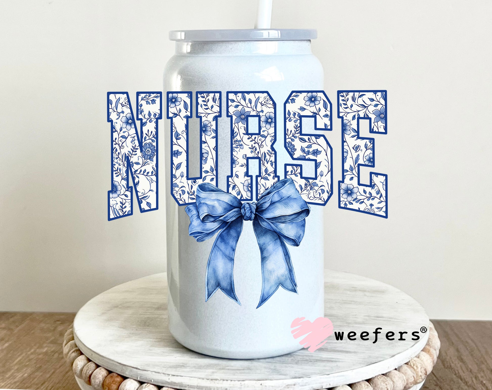 Nurse Blue Toile Bow UV DTF 16oz Decal