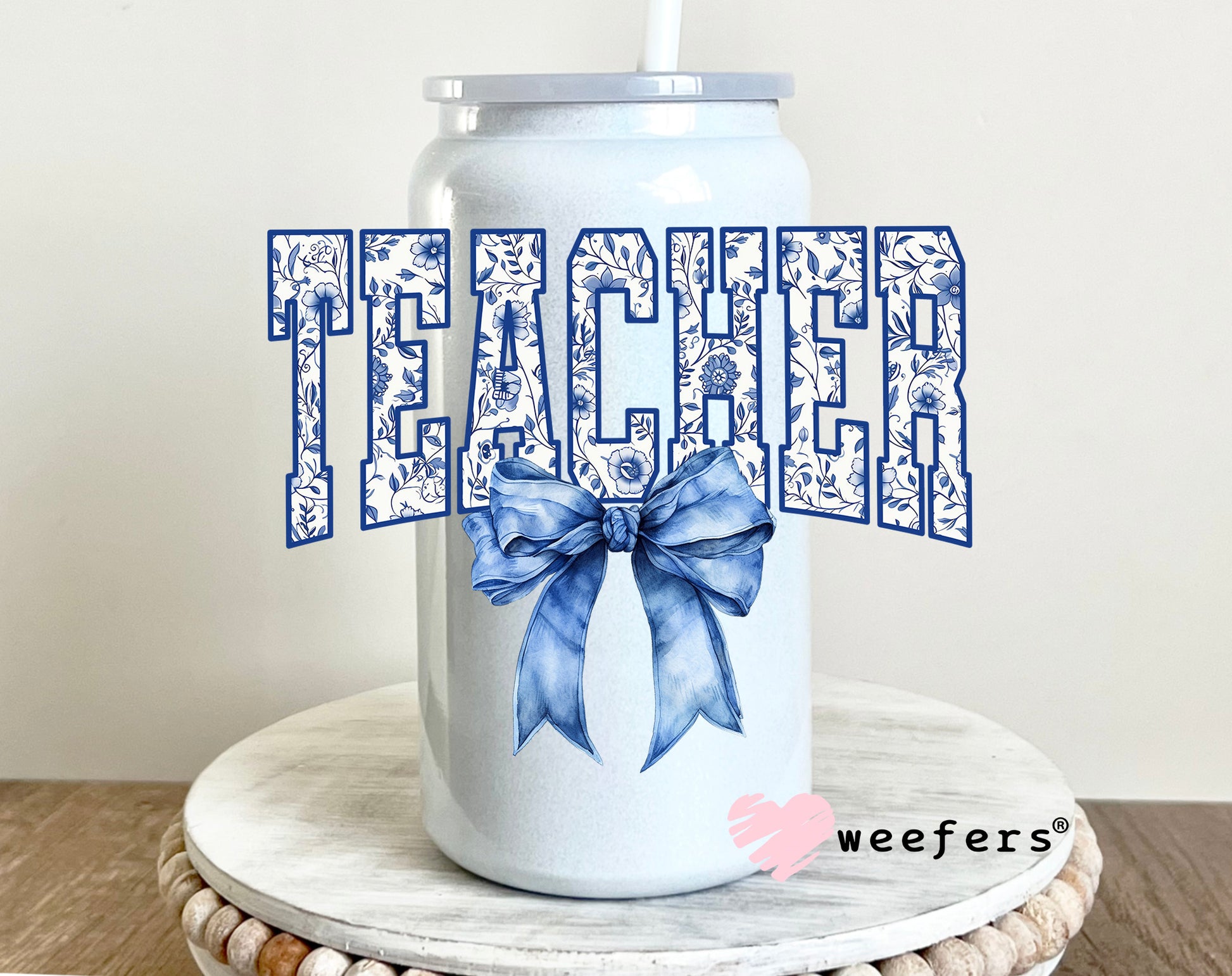 Teacher Blue Toile Bow UV DTF 16oz Decal