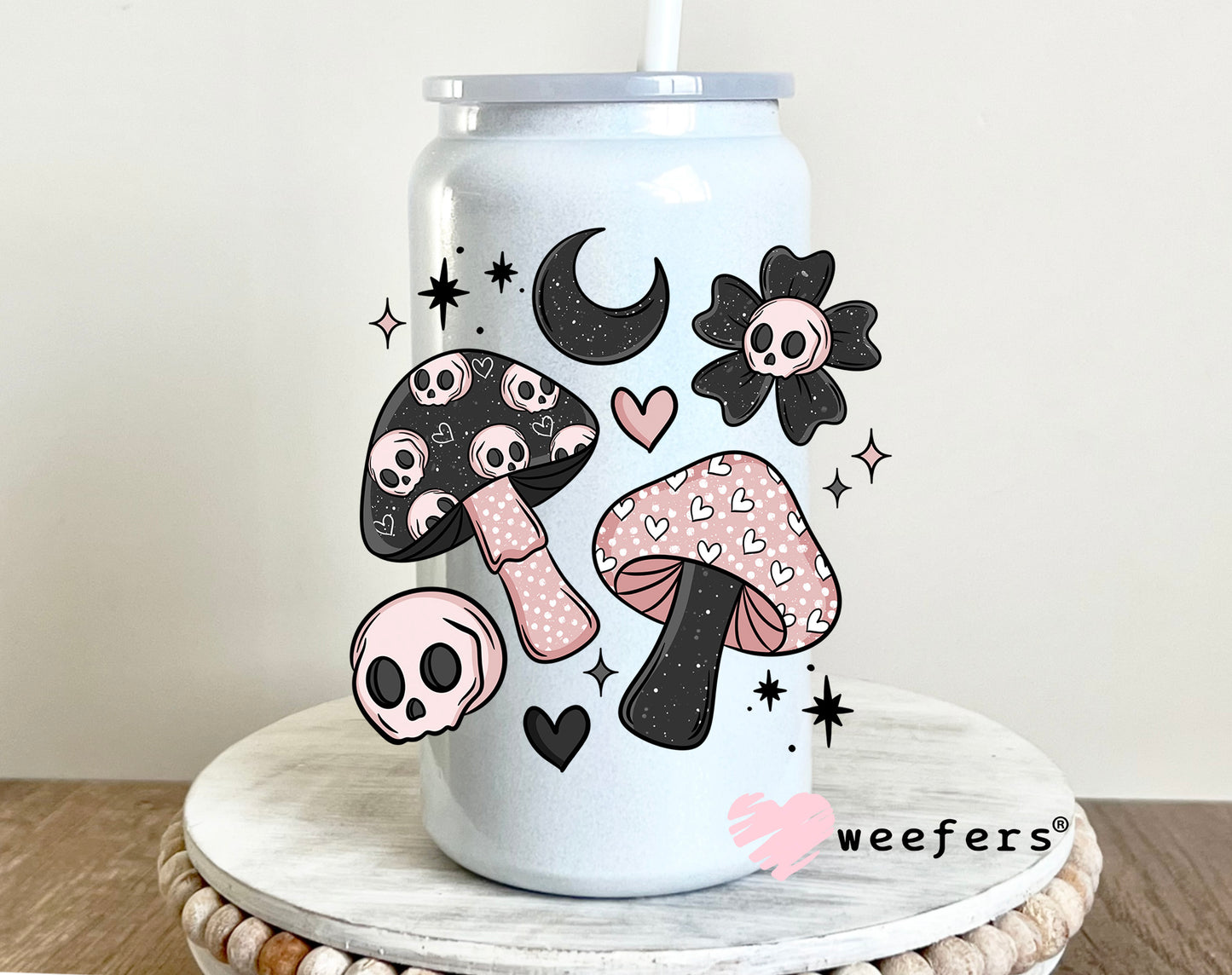 Pink and Black Mushrooms and Skulls UV DTF 16oz Decal