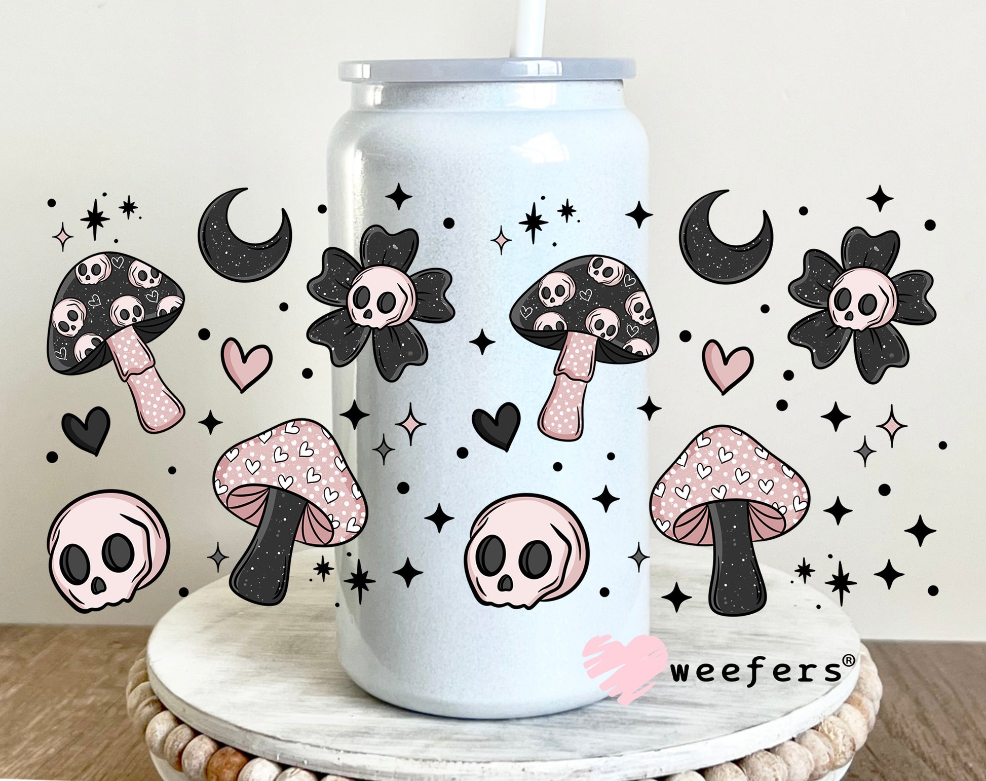 Pink and Black Mushrooms and Skulls  UV DTF 16oz Cup Wrap