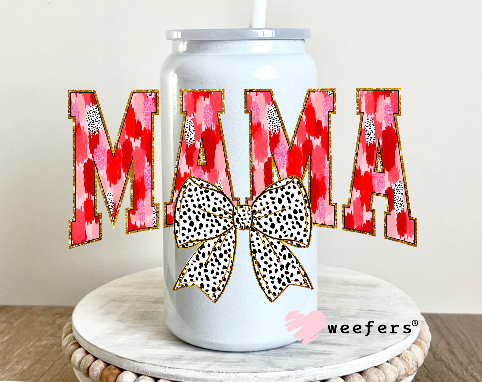 Mama Red Pink Dotted Bow Valentine UV DTF 16oz Decal