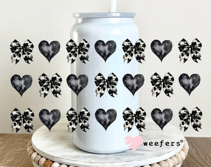 Black Cow Print Bows and Black Hearts UV DTF 16oz Cup Wrap