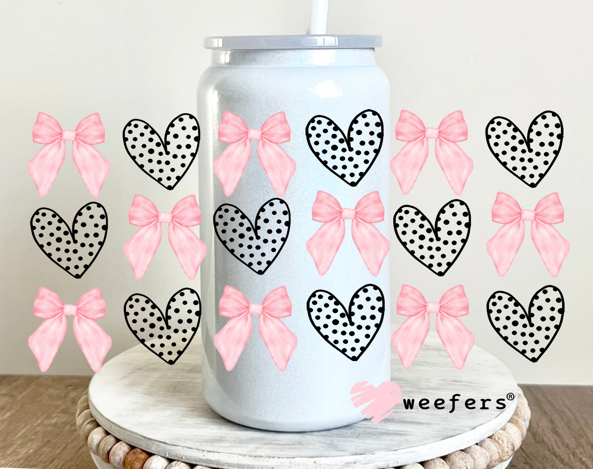 Black Dotted Hearts Pink Coquette Bows UV DTF 16oz Cup Wrap