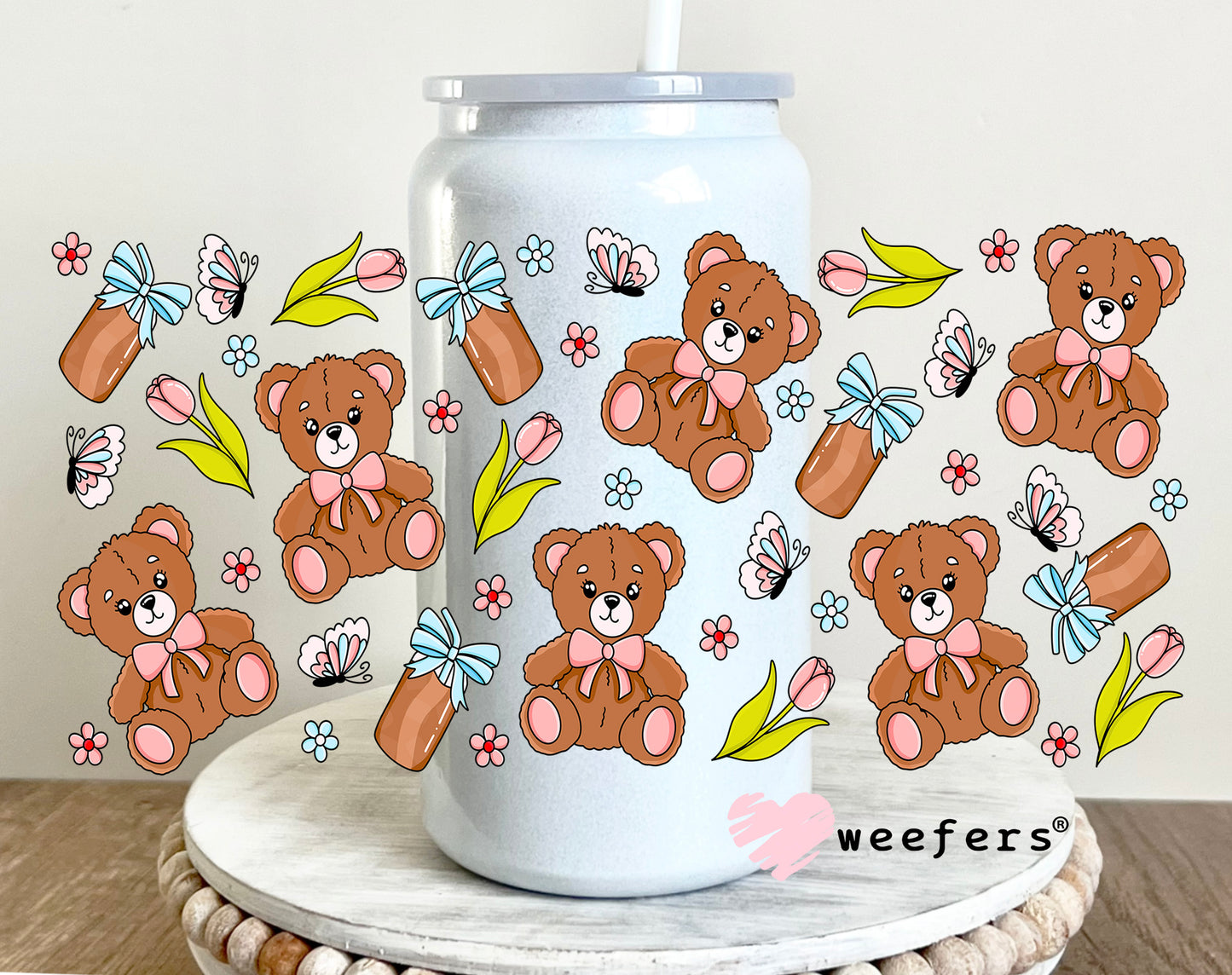 Teddy Bear Butterflies and Flowers UV DTF 16oz Cup Wrap