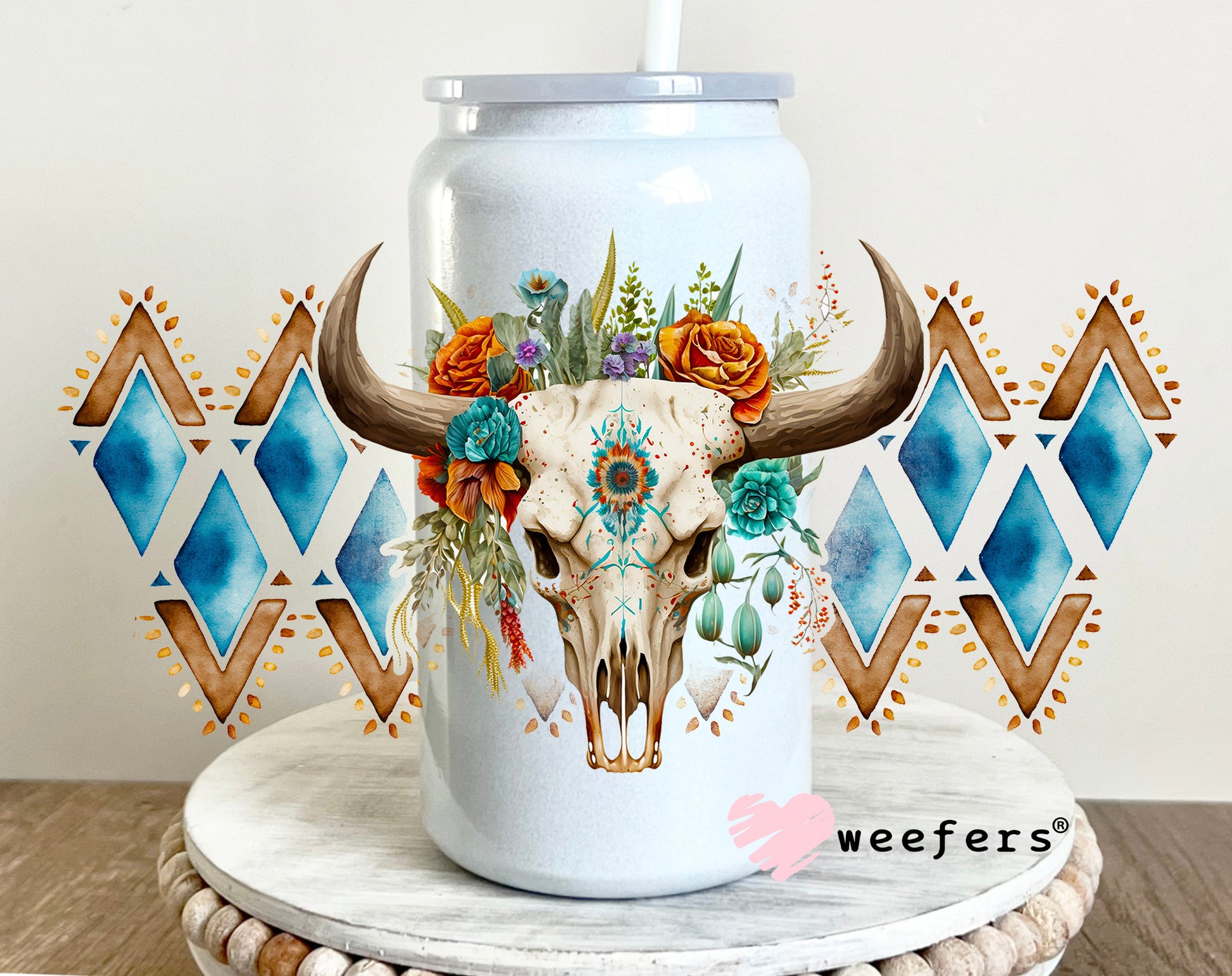 Aztec Blue Rust Cow Skull Western UV DTF 16oz Cup Wrap