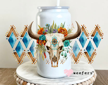 Aztec Blue Rust Cow Skull Western UV DTF 16oz Cup Wrap