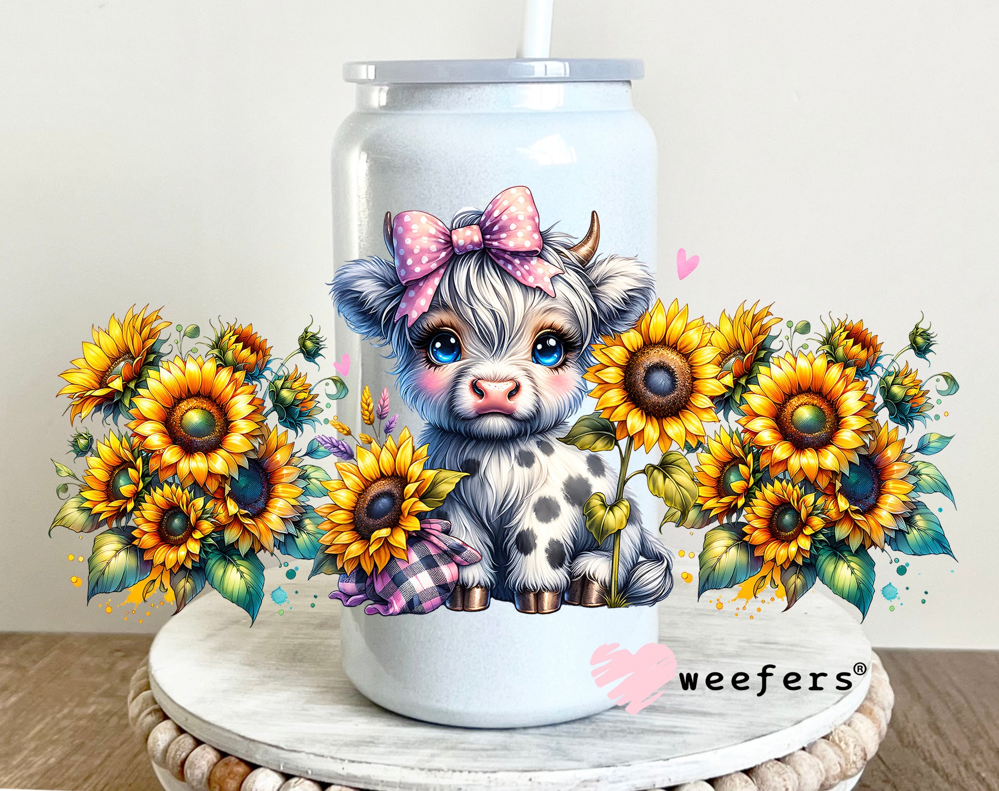 Sunflower Baby Pink Black Highlander Cow Western UV DTF Cup Wrap - Weefers