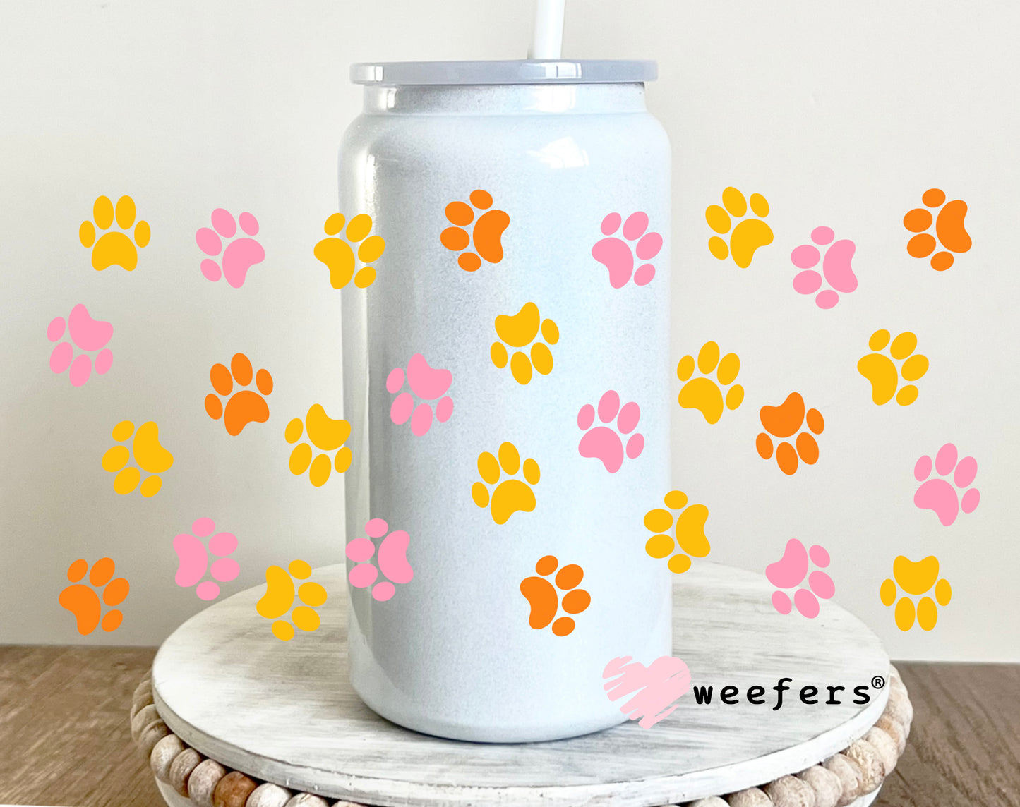 Orange Pink Yellow Dog Paws UV DTF Cup Wrap 16oz Glass Can Generic Weefers