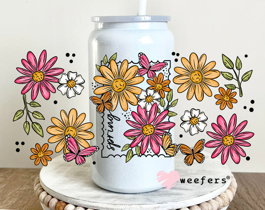 Spring Pink and Orange Flowers UV DTF Cup Wrap 16oz Glass Can Generic Weefers