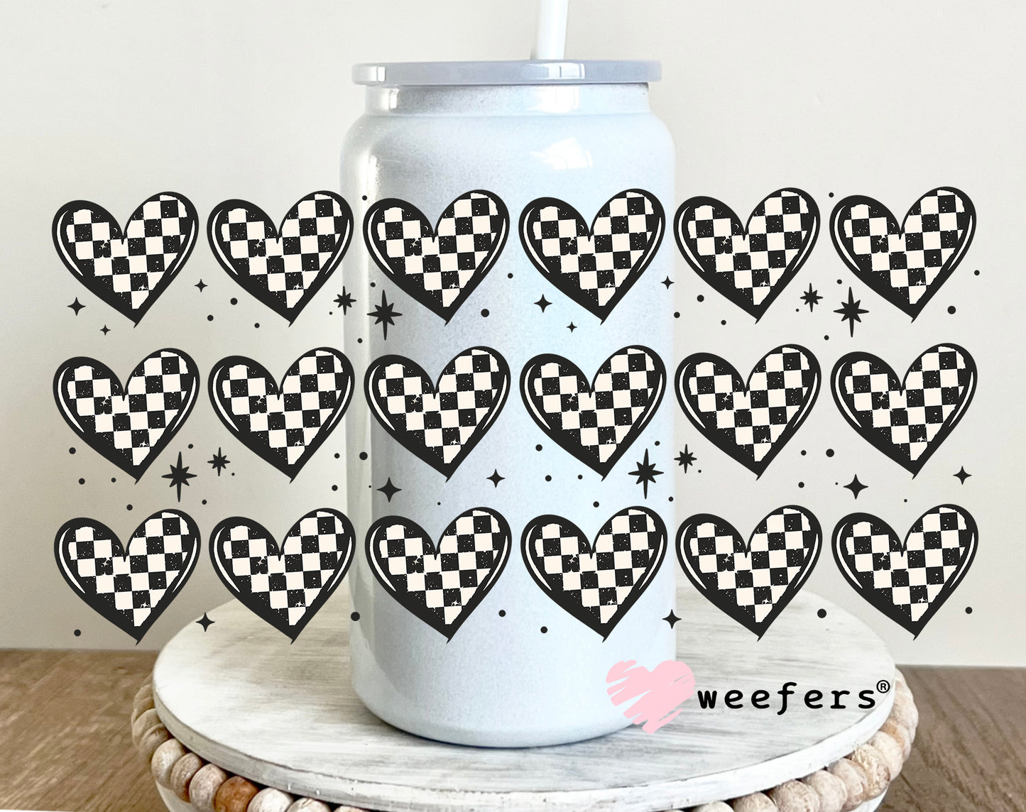 Checkered Hearts UV DTF Cup Wrap 16oz Glass Can Generic Weefers
