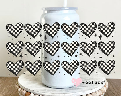 Checkered Hearts UV DTF Cup Wrap 16oz Glass Can Generic Weefers