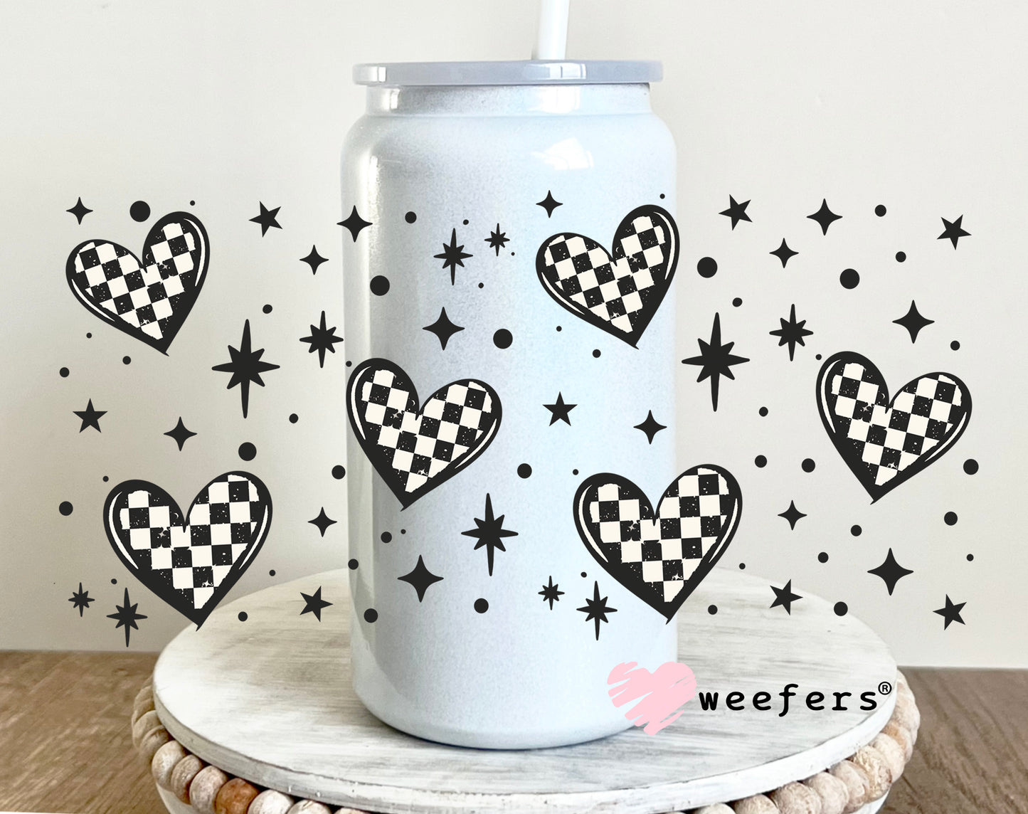 Checkered Hearts 2 UV DTF Cup Wrap 16oz Glass Can Generic Weefers