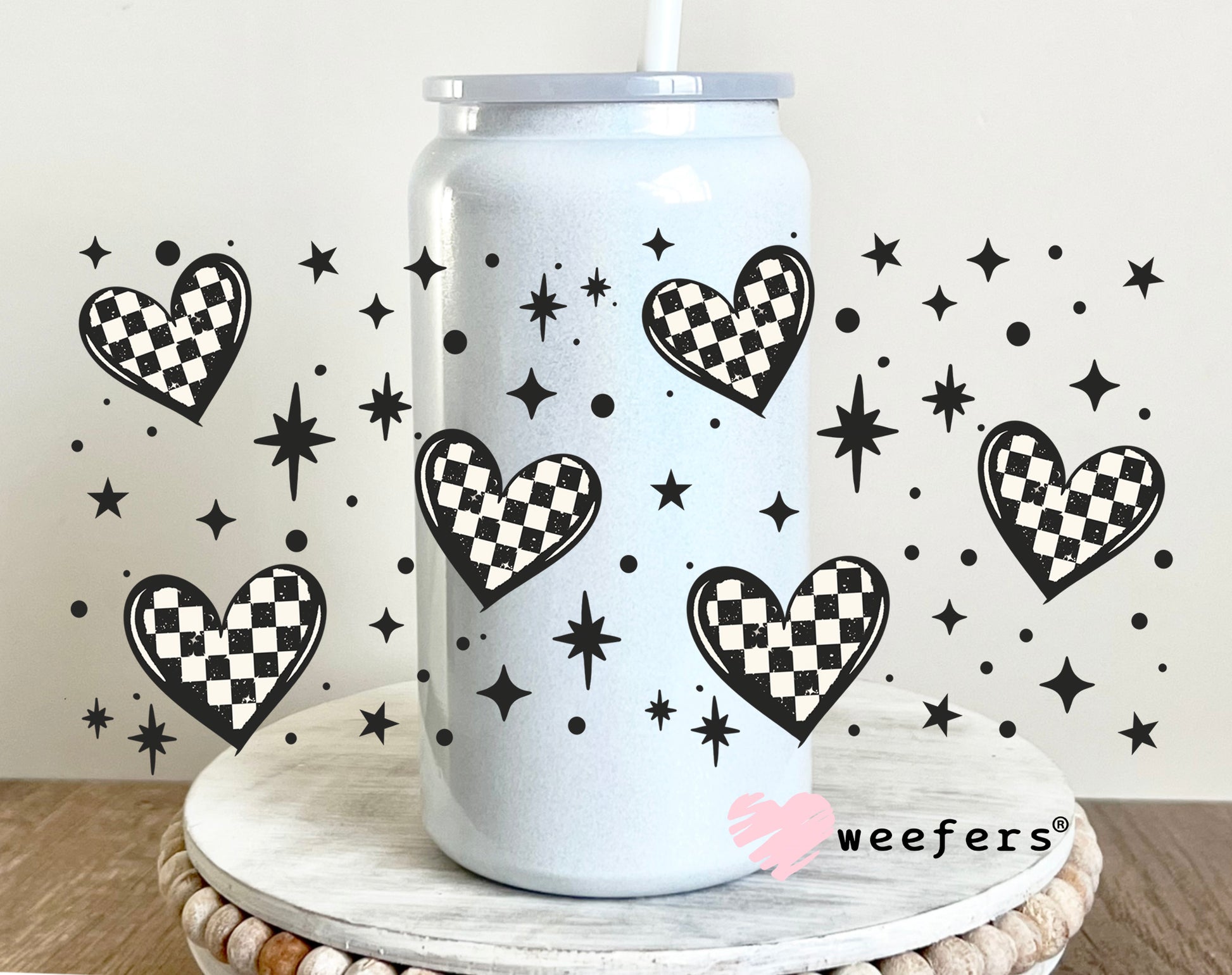 Checkered Hearts 2 UV DTF Cup Wrap 16oz Glass Can Generic Weefers