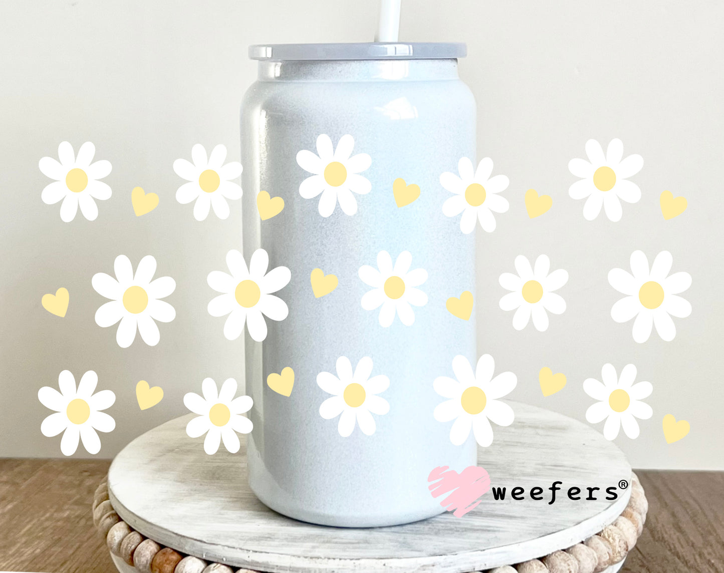 White Daisies Yellow Hearts UV DTF Cup Wrap 16oz Glass Can Generic Weefers