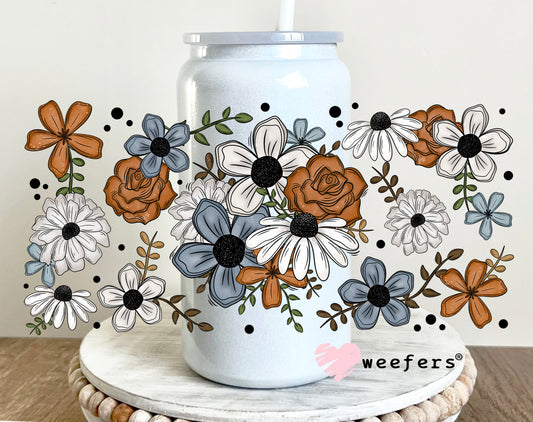 Rust White and Blue Flowers UV DTF Cup Wrap 16oz Glass Can Generic Weefers