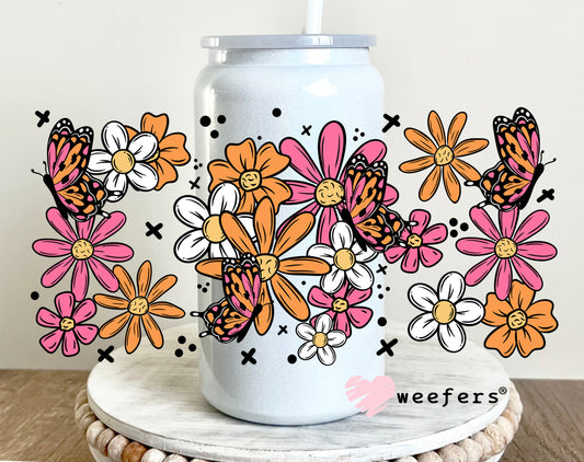 Spring Pink and Orange Flowers UV DTF Cup Wrap 16oz Glass Can Generic Weefers