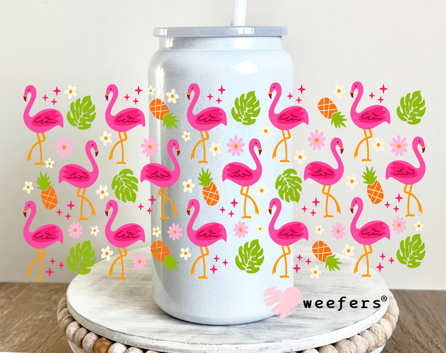 Pink Tropical Flamingos UV DTF Cup Wrap 16oz Glass Can Generic Weefers