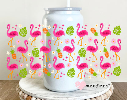 Pink Tropical Flamingos UV DTF Cup Wrap 16oz Glass Can Generic Weefers