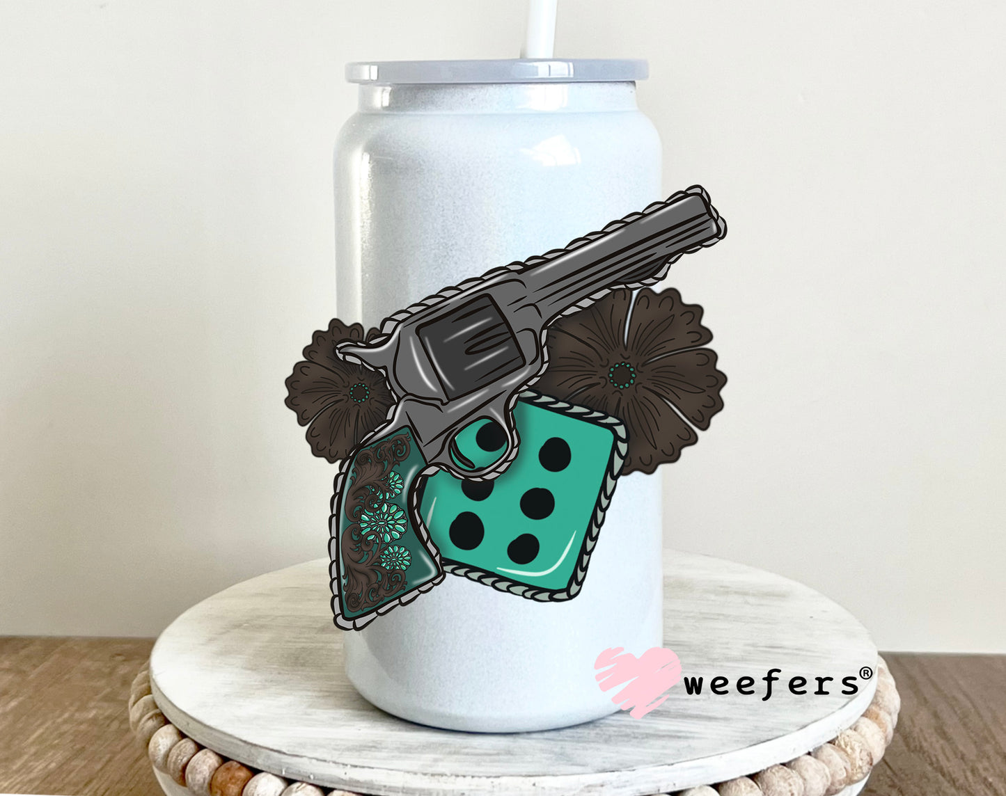 Revolver Turquoise Dice UV DTF Decal 16oz Glass Can Generic Weefers