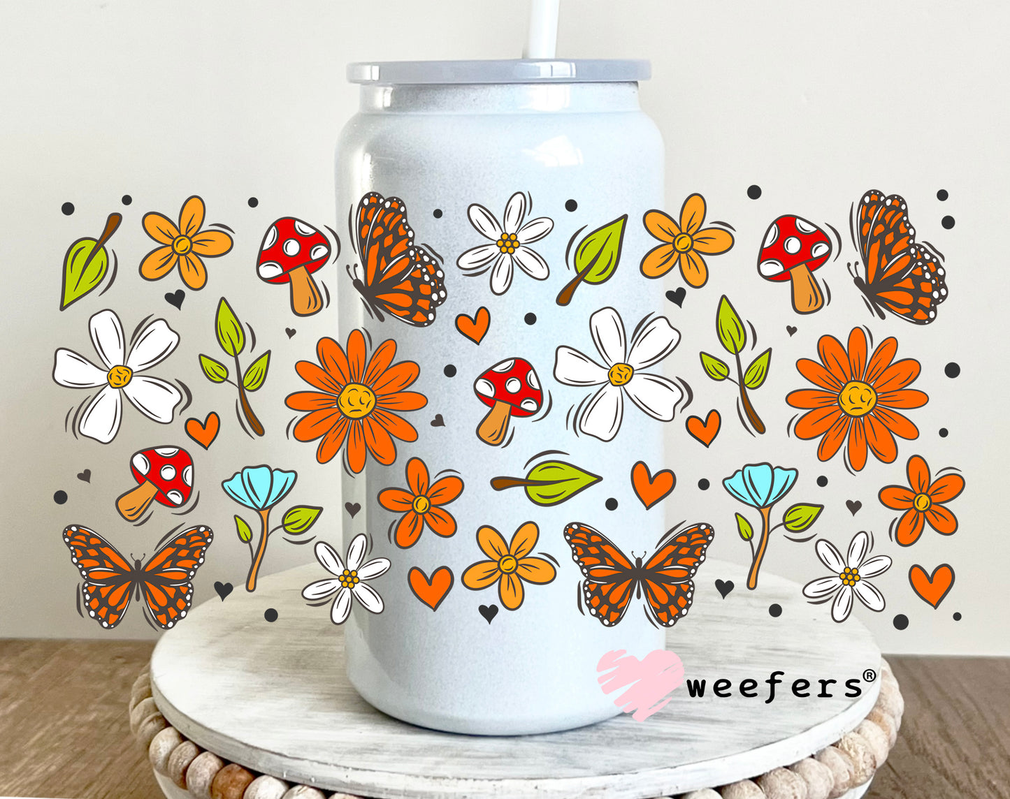 Orange Mushroom Bloom UV DTF Cup Wrap 16oz Glass Can Generic Weefers