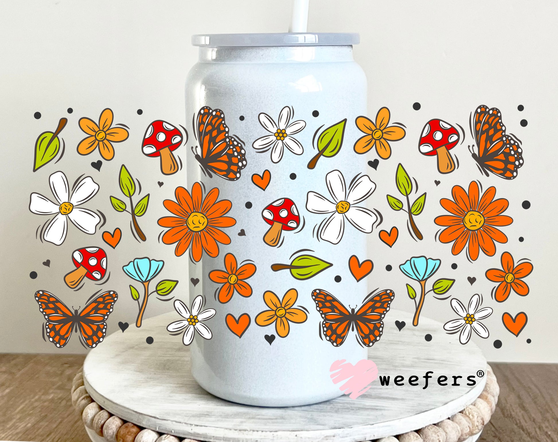 Orange Mushroom Bloom UV DTF Cup Wrap 16oz Glass Can Generic Weefers