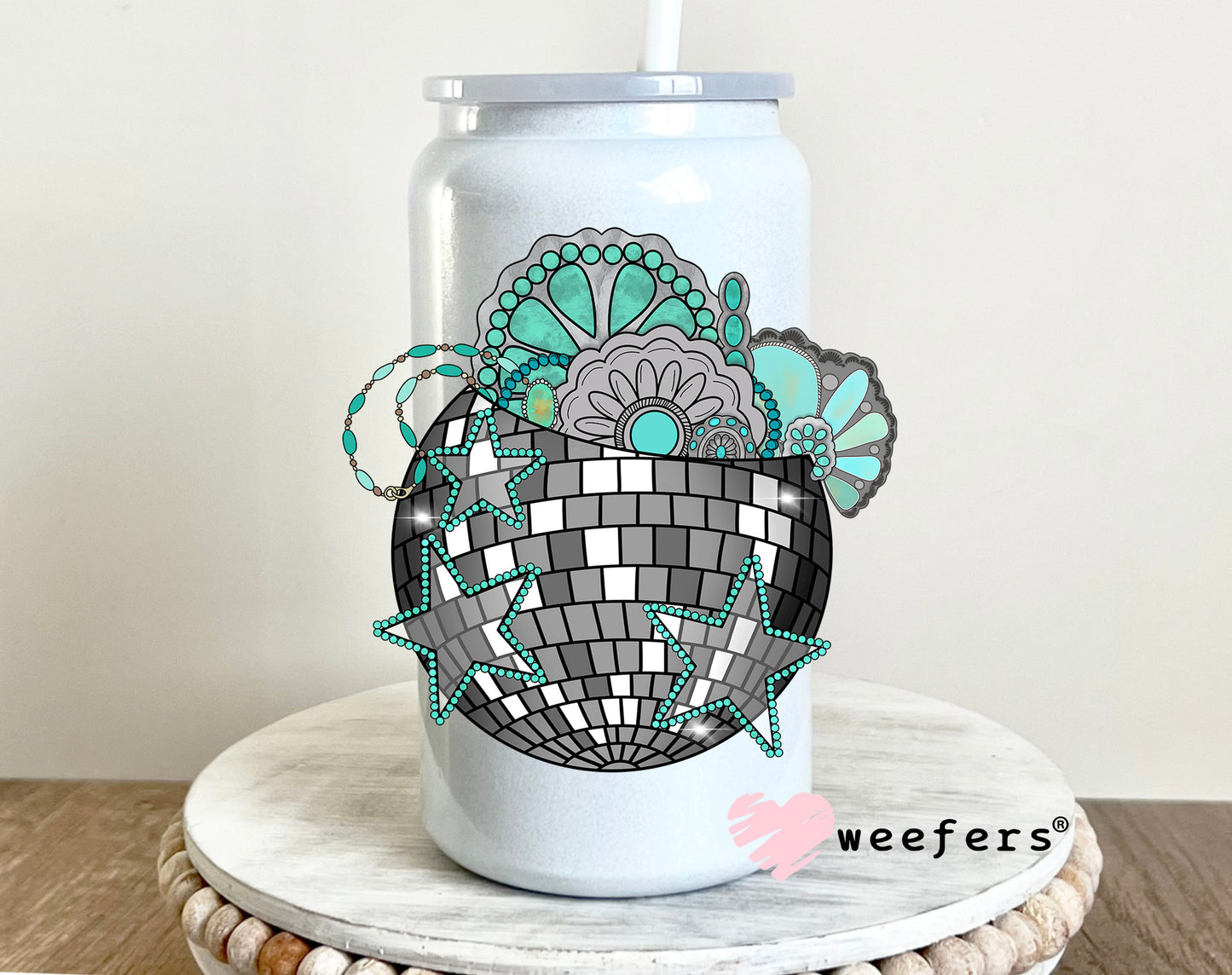Disco Turquoise Jewels UV DTF Decal 16oz Glass Can Generic Weefers