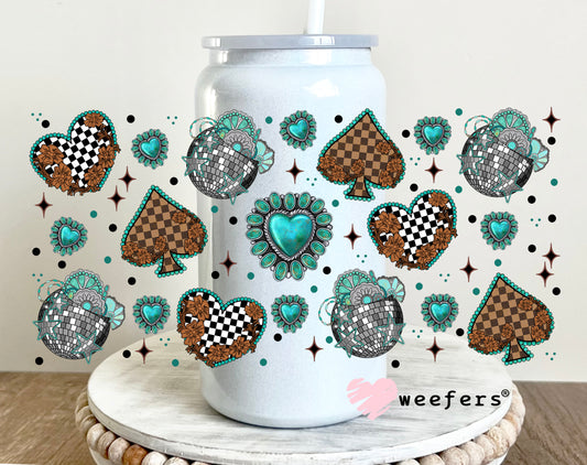 Brown Checkered Heart and Spades Turquoise UV DTF Cup Wrap - WEEFERS EXCLUSIVE WRAP 16oz Glass Can Generic Weefers