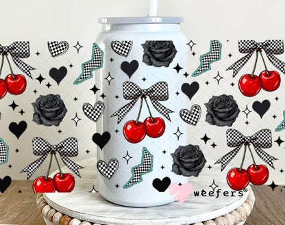 Checkered Cherries Black Roses UV DTF Cup Wrap - WEEFERS EXCLUSIVE WRAP 16oz Glass Can Generic Weefers