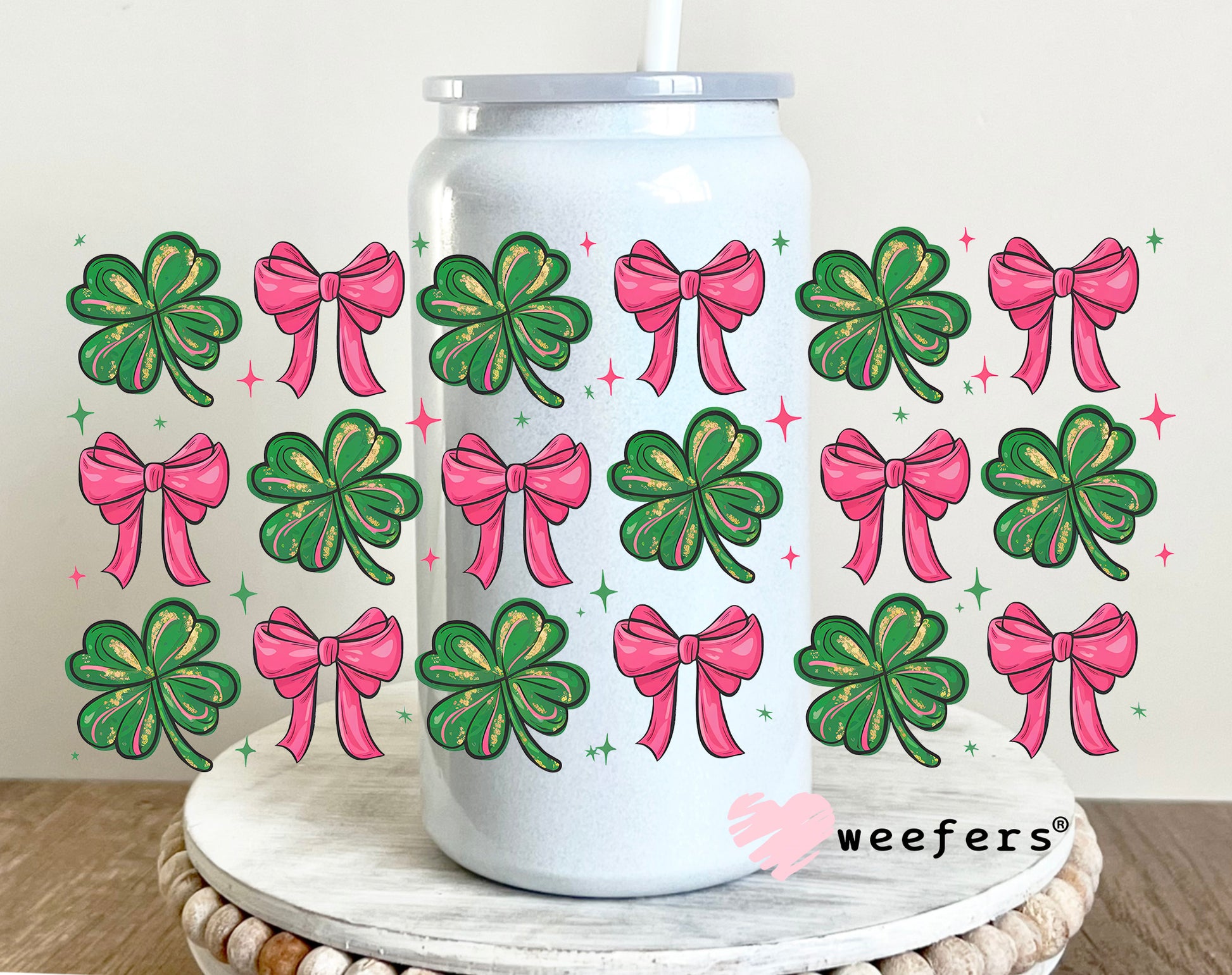 Shamrocks and Coquette Pink Bows UV DTF Cup Wrap - WEEFERS EXCLUSIVE WRAP 16oz Glass Can Generic Weefers