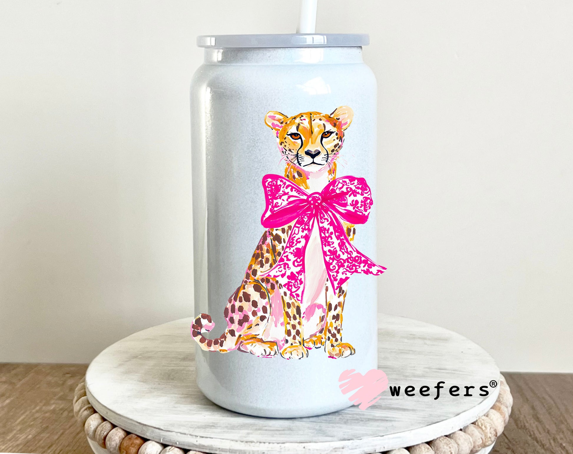 Cheetah Pink Bow UV DTF Decal 16oz Glass Can Generic Weefers