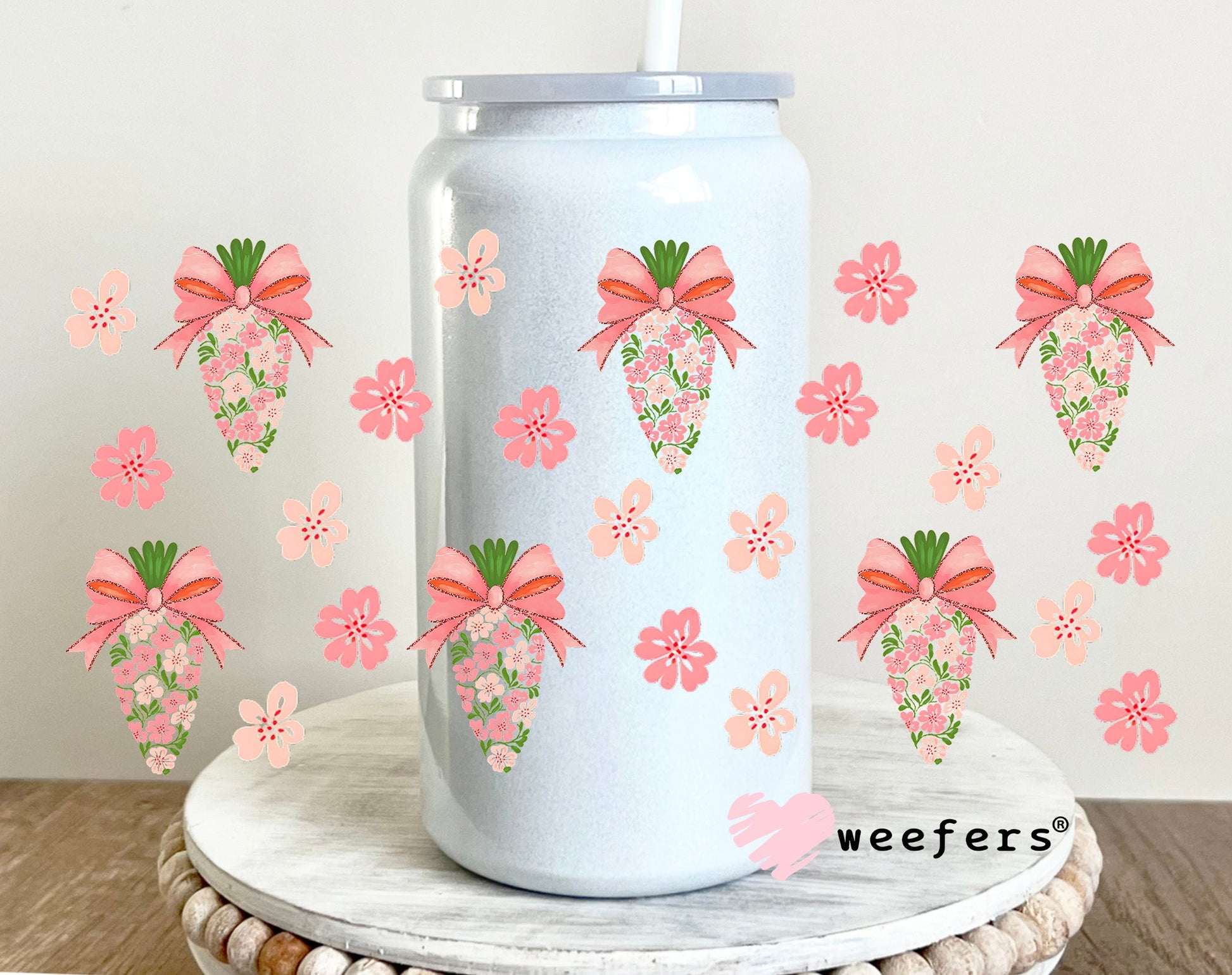 Blush Pink and Green Floral Easter Carrots UV DTF Cup Wrap - WEEFERS EXCLUSIVE WRAP 16oz Glass Can Generic Weefers