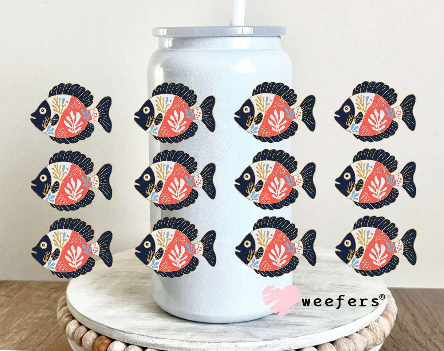 School of Blue and Coral Fishes UV DTF Cup Wrap - WEEFERS EXCLUSIVE WRAP 16oz Glass Can Generic Weefers