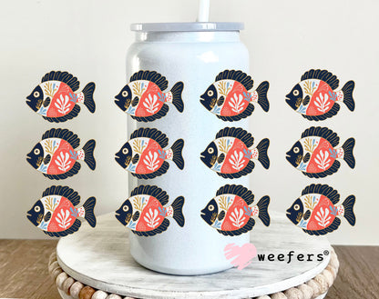 School of Blue and Coral Fishes UV DTF Cup Wrap - WEEFERS EXCLUSIVE WRAP 16oz Glass Can Generic Weefers