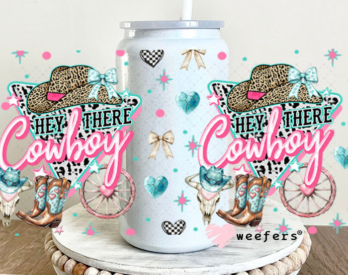 Hey There Cowboy Teal and Pink UV DTF Cup Wrap - WEEFERS EXCLUSIVE WRAP 16oz Glass Can Generic Weefers