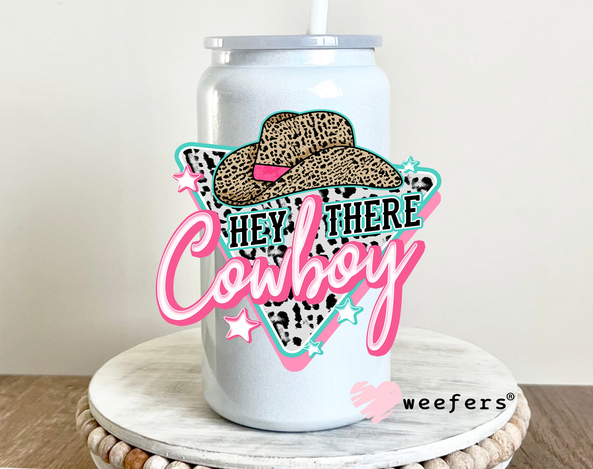 Hey There Cowboy Blue and Pink UV DTF Decal 16oz Glass Can Generic Weefers