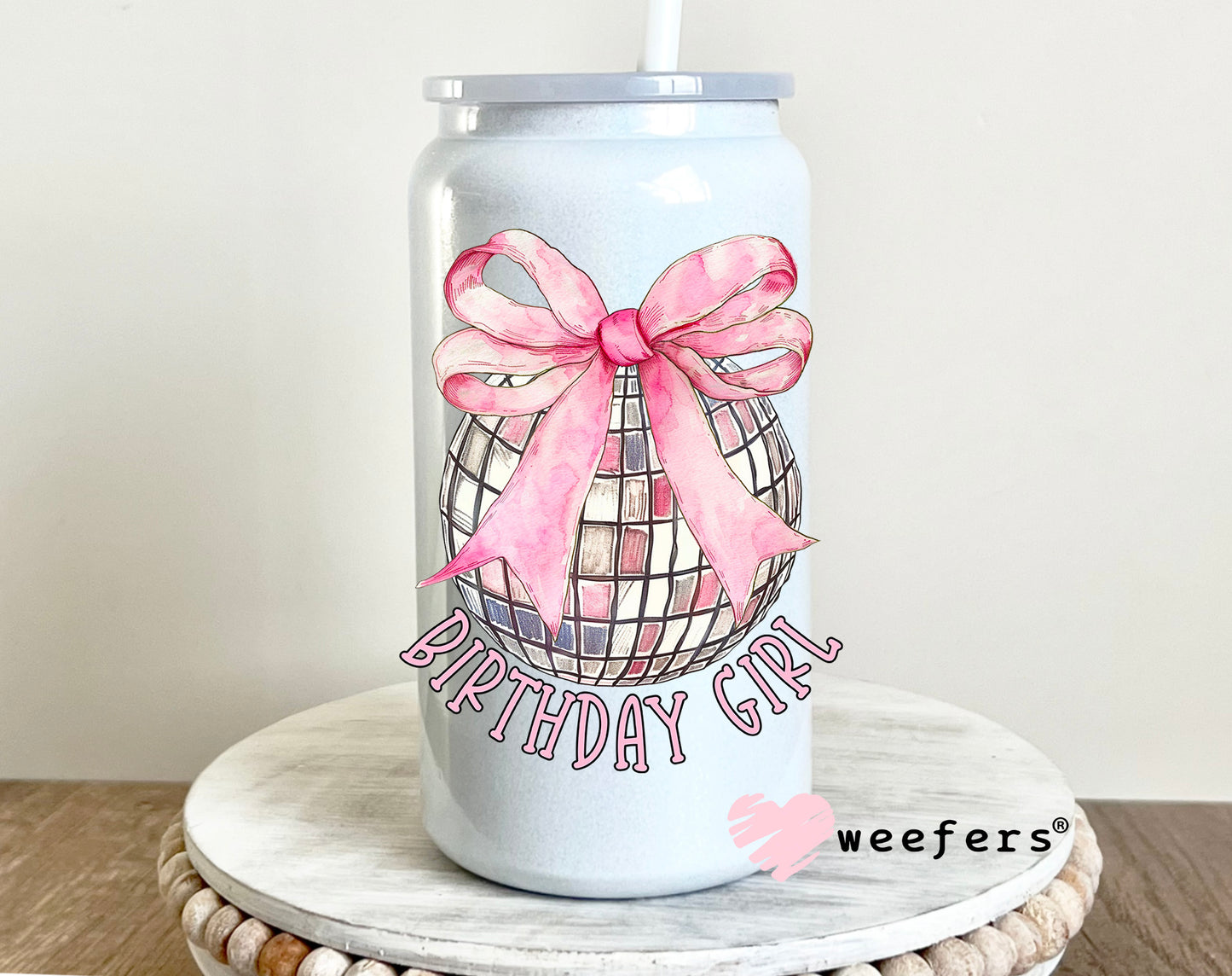 Disco Ball Pink Bow Birthday Girl UV DTF Decal 16oz Glass Can Generic Weefers