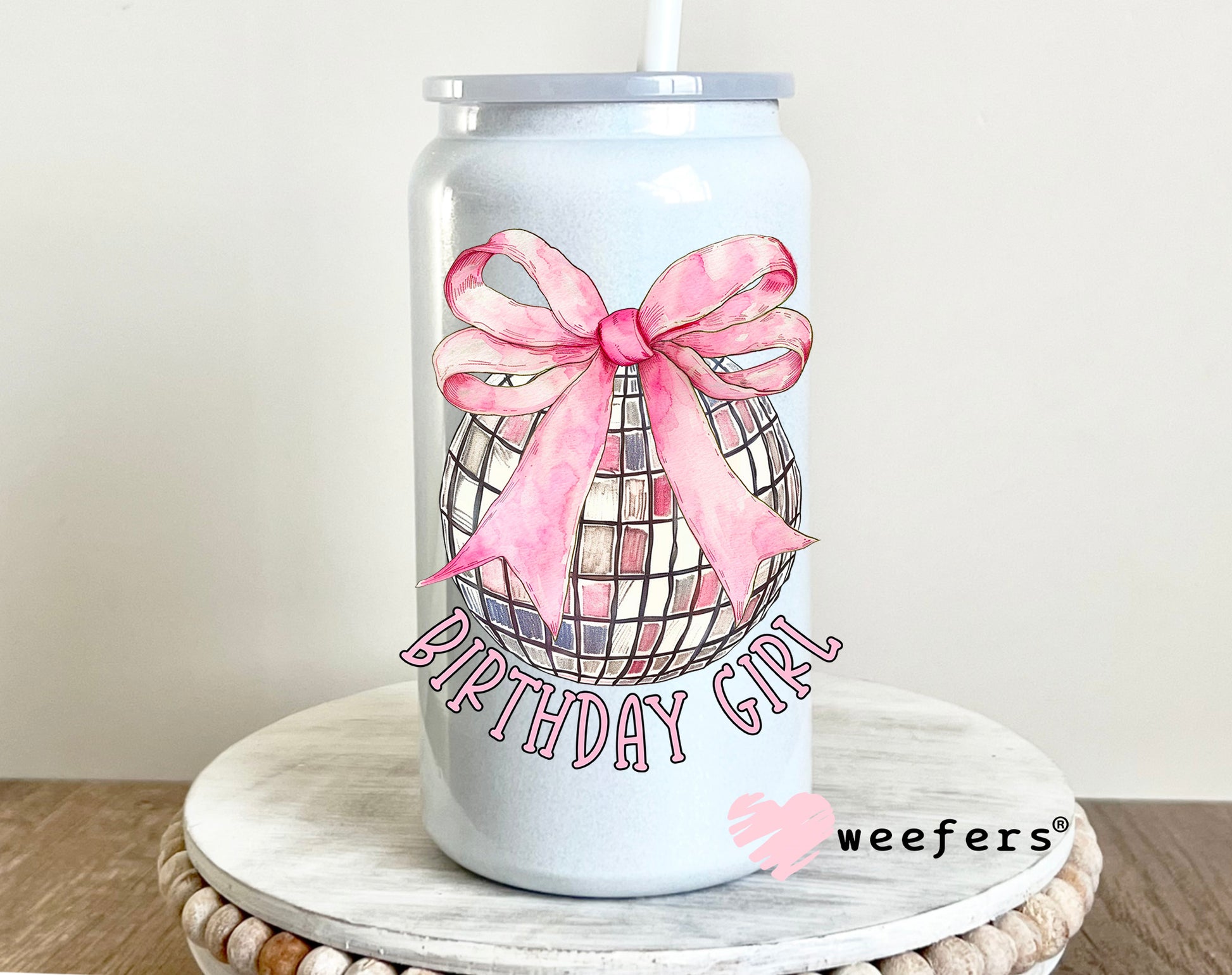 Disco Ball Pink Bow Birthday Girl UV DTF Decal 16oz Glass Can Generic Weefers