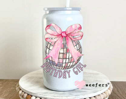 Disco Ball Pink Bow Birthday Girl UV DTF Decal 16oz Glass Can Generic Weefers