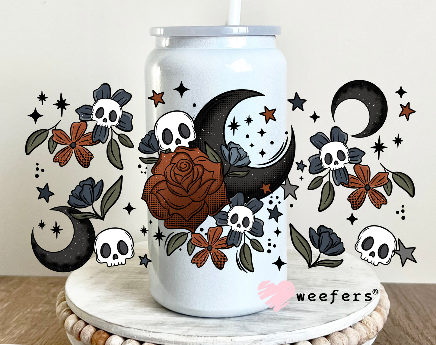 Burgundy Rose Black Moon and Skulls UV DTF Cup Wrap 16oz Glass Can Generic Weefers