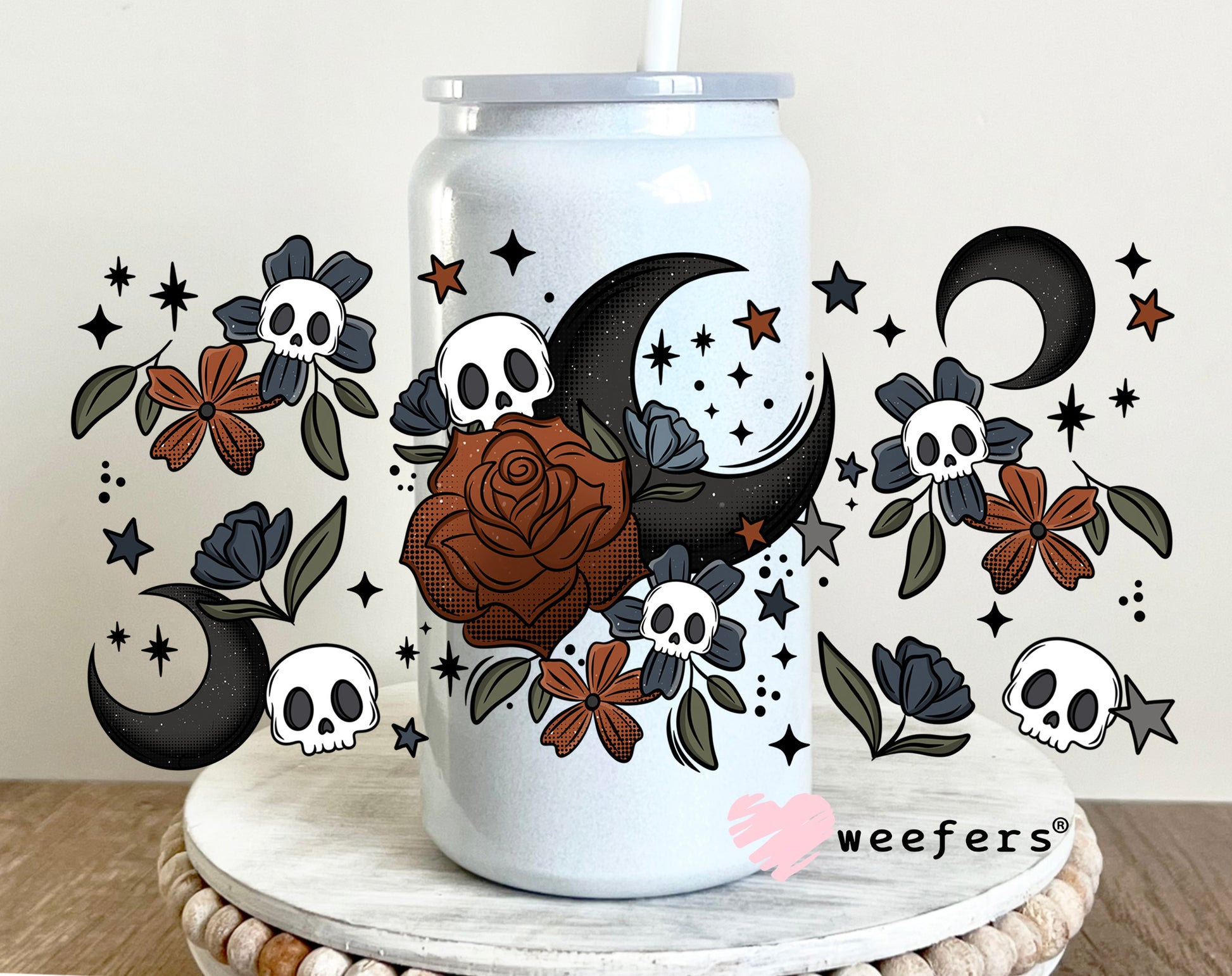Burgundy Rose Black Moon and Skulls UV DTF Cup Wrap 16oz Glass Can Generic Weefers